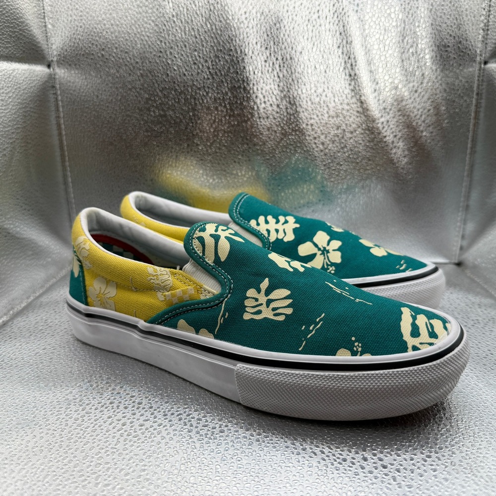 Size 6.5 Vans Skate Slip-On Mens Teal Yellow Excellent Tropical Hibiscus Floral